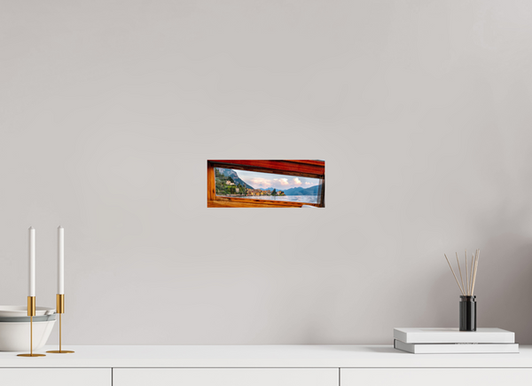 A beautiful view through a boat window on Lake Como, showcasing "A Window into Lake Como" artwork.