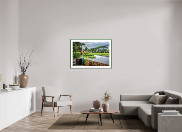 The First Tee at Pebble Beach features the iconic clock, a must-have fine art print for golf enthusiasts.
