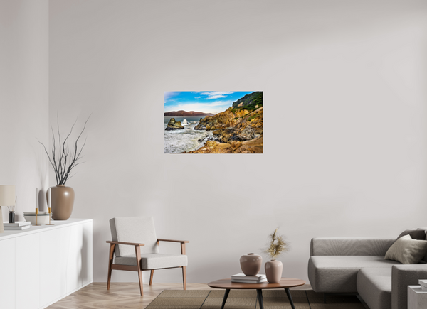 Breathtaking fine art print showcasing The Golden Gate Straits - Coastal Majesty with rugged cliffs and waves.