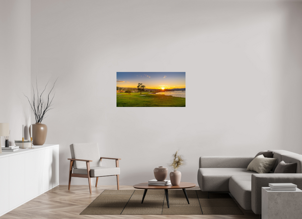Stunning decor featuring No. 18 at Pebble Beach, capturing the iconic golf course at sunrise in vibrant colors.