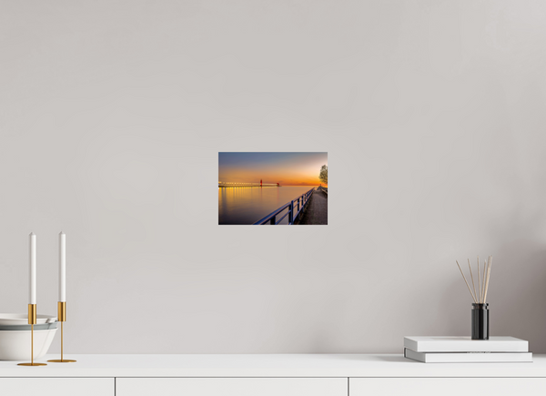 Serene evening at Grand Haven channel showcasing "Calm on the Channel" artwork, perfect for any decor.