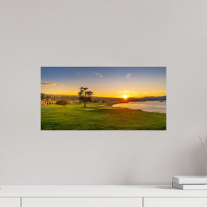 Breathtaking sunrise at No. 18 at Pebble Beach, showcasing vibrant greens and blues for a stunning décor piece.