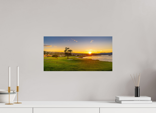 Breathtaking sunrise at No. 18 at Pebble Beach, showcasing vibrant greens and blues for a stunning décor piece.