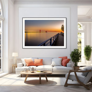 Serene evening view on the Grand Haven channel, showcasing "Calm on the Channel" art for peaceful decor.
