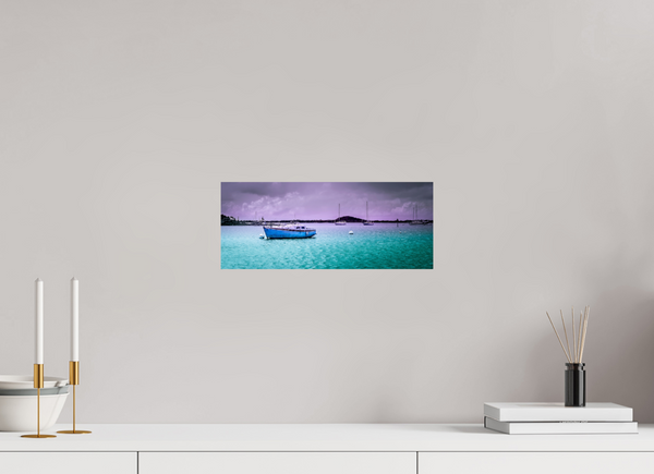 Boats moored in a Caribbean harbor, showcasing the serene "Aftermath in the Harbor" scene.
