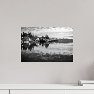 Tranquil black and white artwork, "Serenity on the Water – Lake Tahoe in Black and White," captures lakeside beauty.