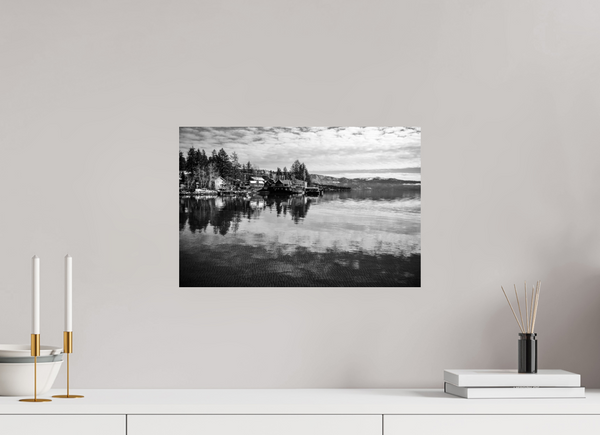 Tranquil black and white artwork, "Serenity on the Water – Lake Tahoe in Black and White," captures lakeside beauty.
