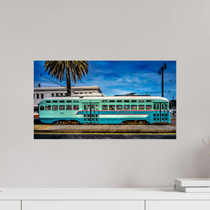 Colorful San Francisco Streetcar parked along Embarcadero, showcasing the city's iconic transit system.
