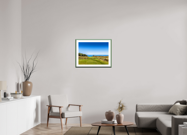 Stunning view of the Bluffs Course at Arcadia Bluffs on the Shores of Lake Michigan, showcasing lush greens and blue skies.