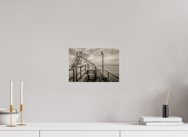 Big Red on the Grand Haven Pier showcases a striking lighthouse in a moody black-and-white scene.