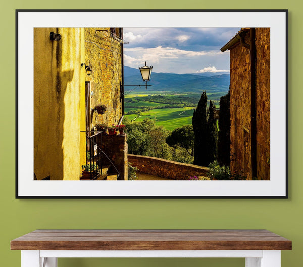 Stunning view from Pienza showcasing Tuscany's rolling hills, perfect for home decor and art lovers. A View from Pienza.
