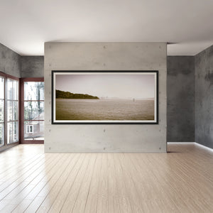 Experience the iconic San Francisco Skyline beautifully framed in a modern living space, highlighting urban tranquility.